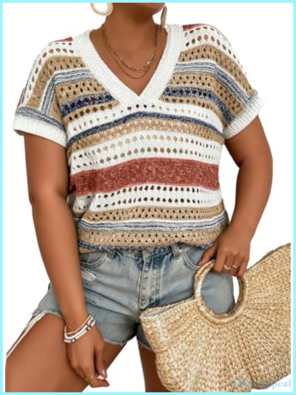Plus Size Crochet Knit Sweater V-Neck Short Sleeve Hollow Out Striped Cover Up
